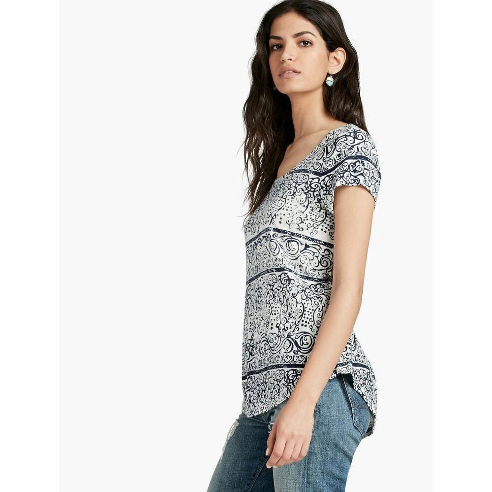 Lucky Brand Indigo Swirls Tee linen blend size M